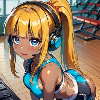 score_9, score_8_up, score_7_up, masterpiece, best quality, highres, 1girl, curvy, anime eyes, large eyes, blue eyes, kawaii anime style, very kawaii anime style, super kawaii anime style, super cute anime style, cute anime style, sexy anime style, cute girl, kawaii, cute, kawaii girl, red eyeshadow, eyeshadow, long eyelashes, eyeliner, blush, red lipstick, medium lips, full lip, full_lips, smile, upper_body, face_only, close up, face only, close_up, face, solo girl, solo_girl, 1 girl, so cute, very_cute_girl, hime_cut, hime cut, red eyeshadow, red_eyeshadow, long eyelashes, long_eyelashes, red_lipstick, red lipstick, age 25, cat_shaped_eyes, fox_shaped_eyes, thick_eyelashes, very_thick_eyelashes, thick eyelashes, blonde hair, blonde_hair, bright blonde hair, bright_blonde_hair, gym,, weight_room, treadmills, treadmill, headphones over ears, black headphones over ears, black headphones, headphones_over_ears, brown_girl, brown skin, brown_skin, brown skinned, dark skin, dark_skinned, brown_skinned, blue sports bra, blue_sports_bra, small sports bra, tight sports bra, tight_sports_bra, extremely tight sports bra, midriff, exposed midriff, exposed_midriff, large ponytail, large_ponytail, long ponytail, long_ponytail, massive breasts, black shorts, side boobs, side_boobs, side_boob, side boob, curvy hips, curvy_hips, wide_hips, wide hips, thick thighs, thigh_thighs, toned body, toned_body, abs, view from above, from_above, from above, view_from_above, leaning forward, leaning_forward, standing, sweating, girl sweating, girl_sweating, downblouse, down blouse, down_blouse, yoga, yoga posing, yoga_posing, areal view, areal_view, girl looking up, huge ass, massive ass, gigantic ass, humongous ass, view from side, from side, view_from_side, from_side, blush, blushing, girl blushing, red blush, pink blush, 