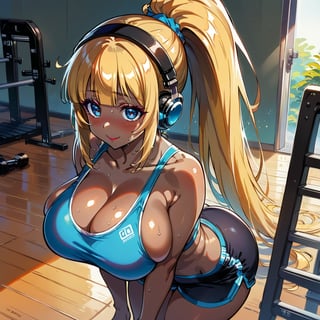 score_9, score_8_up, score_7_up, masterpiece, best quality, highres, 1girl, curvy, anime eyes, large eyes, blue eyes, kawaii anime style, very kawaii anime style, super kawaii anime style, super cute anime style, cute anime style, sexy anime style, cute girl, kawaii, cute, kawaii girl, red eyeshadow, eyeshadow, long eyelashes, eyeliner, blush, red lipstick, medium lips, full lip, full_lips, smile, upper_body, face_only, close up, face only, close_up, face, solo girl, solo_girl, 1 girl, so cute, very_cute_girl, hime_cut, hime cut, red eyeshadow, red_eyeshadow, long eyelashes, long_eyelashes, red_lipstick, red lipstick, age 25, cat_shaped_eyes, fox_shaped_eyes, thick_eyelashes, very_thick_eyelashes, thick eyelashes, blonde hair, blonde_hair, bright blonde hair, bright_blonde_hair, gym,, weight_room, treadmills, treadmill, headphones over ears, black headphones over ears, black headphones, headphones_over_ears, brown_girl, brown skin, brown_skin, brown skinned, dark skin, dark_skinned, brown_skinned, blue sports bra, blue_sports_bra, small sports bra, tight sports bra, tight_sports_bra, extremely tight sports bra, midriff, exposed midriff, exposed_midriff, large ponytail, large_ponytail, long ponytail, long_ponytail, massive breasts, black shorts, side boobs, side_boobs, side_boob, side boob, curvy hips, curvy_hips, wide_hips, wide hips, thick thighs, thigh_thighs, toned body, toned_body, abs, view from above, from_above, from above, view_from_above, leaning forward, leaning_forward, standing, sweating, girl sweating, girl_sweating, downblouse, down blouse, down_blouse, yoga, yoga posing, yoga_posing, areal view, areal_view, girl looking up, huge ass, massive ass, gigantic ass, humongous ass, view from side, from side, view_from_side, from_side, blush, blushing, girl blushing, red blush, pink blush