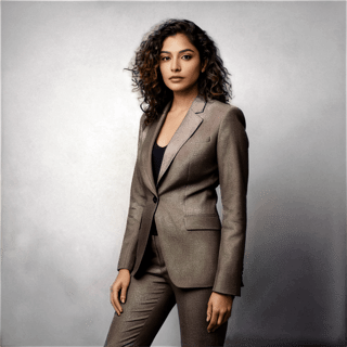 photograph by Annie Leibovitz, image of a indian woman, petite height, athletic build, fair skin, dark brown colured eyes, almond-shaped eyes, straight or slightly upturned nose, brown curly hair, full lips, in a flower modern styled suit and poses for a future fashion business show, she stands on empty greenery covered floor, clean background, head turned slightly to one side, staring at the viewer, dark, energetic, surreal, futurism, figurative and abstract forms highly impact perspective