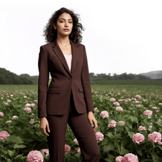 photograph by Annie Leibovitz, image of a indian woman, petite height, athletic build, fair skin, dark brown colured eyes, almond-shaped eyes, straight or slightly upturned nose, brown curly hair, full lips, in a flower modern styled suit and poses for a future fashion business show, she stands on empty greenery covered floor, clean background, head turned slightly to one side, staring at the viewer, dark, energetic, surreal, futurism, figurative and abstract forms highly impact perspective