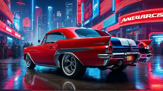 outdoors, no humans, night, ground vehicle, motor vehicle, reflection, car, muscle car, 1950s theme muscle car, vehicle focus, sports car, high quality, red and blue car, muscle sports car, cyperpunk, cyborg, high resolution, high quality, Cyberpunk, cyber car, Cybernetics, Futurism,cyberpunk style,night city, background night, detail background,more detail XL