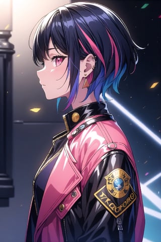 vibrant colors, female, masterpiece, sharp focus, best quality, depth of field, cinematic lighting, ((solo, one woman )), (illustration, 8k CG, extremely detailed), masterpiece, ultra-detailed,  looking at viewer, short hair, bangs, black hair, jewelry, blue hair, jacket, upper body, pink hair, multicolored hair, earrings, open clothes, from side, open jacket, black jacket, profile, piercing, ear piercing, multicolored eyes, leather, badge, colorful, leather jacket