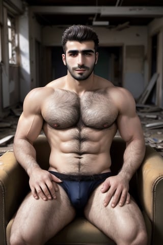 A handsome hairy chested fit Syrian man in a abandoned place, Sitted on An armchair, hairy-chested, hairy arms, hairy body, hairy legs, masculine, wearing briefs