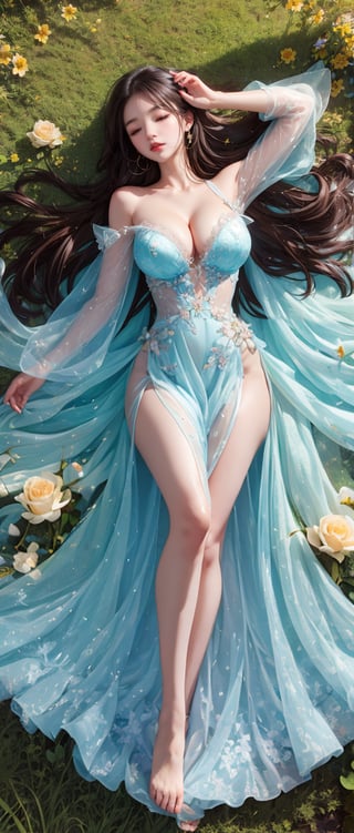 A 23-year-old young Chinese woman was lying on her back on the green grass, with the warm sunshine shining on her face, reflecting her fair and tender skin. Her long hair was scattered around her like silk, and the breeze blew gently, causing her hair to flutter in the wind. She was wearing a rose-colored long and wide gauze skirt, which spread out on the grass in a circular shape, like waves. The complex patterns and bright colors look particularly beautiful under the sunlight. Her eyes were slightly closed, as if enjoying the gentle caress of nature. The pleats of the skirt extend naturally, like a blooming flower, surrounding her body. Surrounded by grass dotted with flowers, the colorful flowers complemented her dress, making the whole picture dreamlike, like a fairyland in a fairy tale. Perfect face shape, perfect proportions, slender waist, fair skin. Tall and well-proportioned, with slender legs. (from top to bottom: 1.2), (photo realism: 1.2), (sharp focus), soft light, (full body shot), long reddish-brown hair, (distribution: 1.2), (cleavage: 1.3), (shoulders bare ): 1.3) (soft light, ambient light).