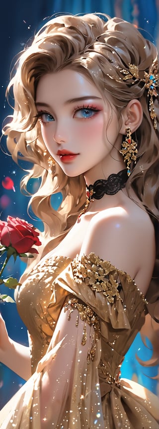 Score_9, score_8_up, score_7_up, score_6_up, 1girl, solo, ((multiple hair colors)), long wavy hair, hair accessories, exquisite makeup, looking at the audience, charming eyes, dress, hugging, bare shoulders, Jewelry, upper body, flowers, earrings, parted lips, choker, off-shoulder, nail polish, side view, red lips, glitter, blue background, black choker, holding rose, gold and sliver dress, Papilio memnon.