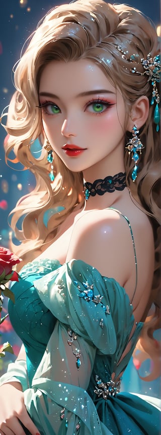 Score_9, score_8_up, score_7_up, score_6_up, 1girl, solo, ((multiple hair colors)), long wavy hair, hair accessories, exquisite makeup, looking at the audience, green eyes, dress, hug, bare shoulders, jewelry , upper body, flowers, earrings, parted lips, choker, off-shoulders, nail polish, side view, red lips, glitter, blue background, black choker, holding rose, Papilio memnon.