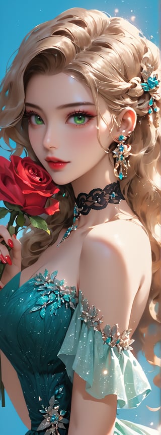 Score_9, score_8_up, score_7_up, score_6_up, 1girl, solo, ((multiple hair colors)), long wavy hair, hair accessories, exquisite makeup, looking at the audience, green eyes, dress, hug, bare shoulders, jewelry , upper body, flowers, earrings, parted lips, choker, off-shoulders, nail polish, side view, red lips, glitter, blue background, black choker, holding rose, Papilio memnon.