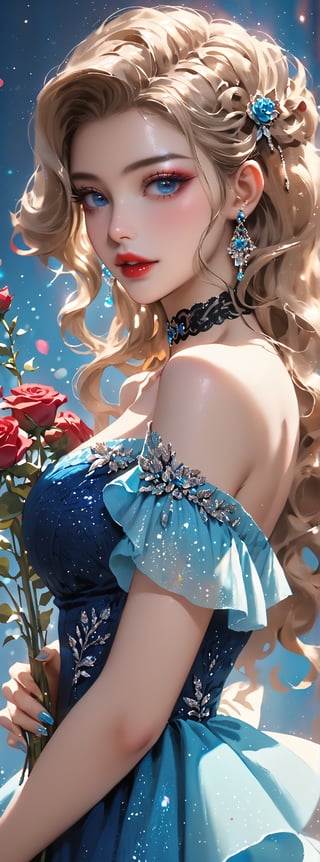 Score_9, score_8_up, score_7_up, score_6_up, 1girl, solo, ((multiple hair colors)), long wavy hair, hair accessories, exquisite makeup, looking at the audience, blue eyes, dress, hug, bare shoulders, jewelry , upper body, flowers, earrings, parted lips, choker, off-shoulders, nail polish, side view, red lips, glitter, blue background, black choker, holding rose, royal blue dress, Papilio memnon.