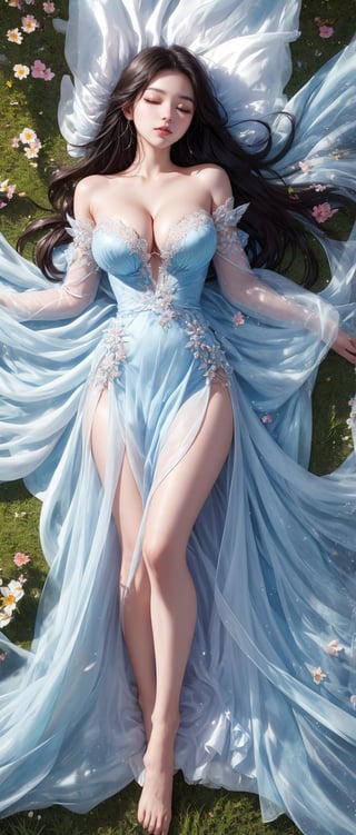 A 23-year-old young Chinese woman was lying on her back on the green grass, with the warm sunshine shining on her face, reflecting her fair and tender skin. Her long hair was scattered around her like silk, and the breeze blew gently, causing her hair to flutter in the wind. She was wearing a long and wide snow-white gauze skirt, which spread out on the grass in a circular shape, like waves. The complex patterns and bright colors look particularly beautiful under the sunlight. Her eyes were slightly closed, as if enjoying the gentle caress of nature. The pleats of the skirt extend naturally, like a blooming flower, surrounding her body. Surrounded by grass dotted with flowers, the colorful flowers complemented her dress, making the whole picture dreamlike, like a fairyland in a fairy tale. Model pose, perfect face shape, perfect proportions, slender waist, fair skin. Tall and well-proportioned, with slender legs. (from top to bottom: 1.2), (photo realism: 1.2), (sharp focus), soft light, (full body shot), silver-blue long hair, (distribution: 1.2), (cleavage: 1.3), (shoulders Naked): 1.3) (soft light, ambient light).