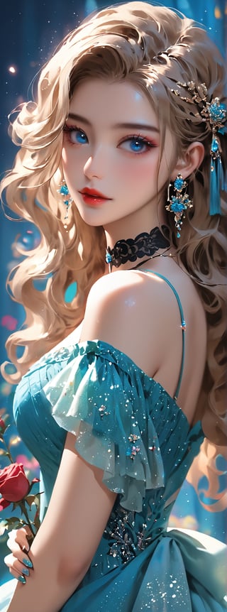 Score_9, score_8_up, score_7_up, score_6_up, 1girl, solo, ((multiple hair colors)), long wavy hair, hair accessories, exquisite makeup, looking at the audience, blue eyes, dress, hug, bare shoulders, jewelry , upper body, flowers, earrings, parted lips, choker, off-shoulders, nail polish, side view, red lips, glitter, blue background, black choker, holding rose, Papilio memnon.