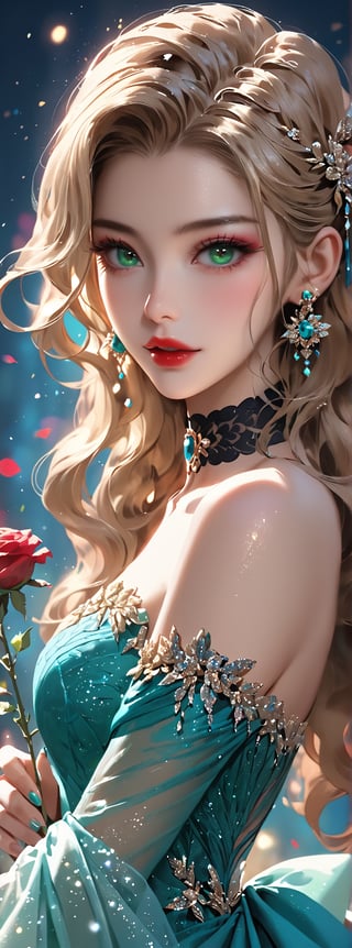 Score_9, score_8_up, score_7_up, score_6_up, 1girl, solo, ((multiple hair colors)), long wavy hair, hair accessories, exquisite makeup, looking at the audience, green eyes, dress, hug, bare shoulders, jewelry , upper body, flowers, earrings, parted lips, choker, off-shoulders, nail polish, side view, red lips, glitter, blue background, black choker, holding rose, Papilio memnon.