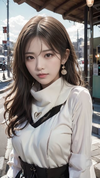 Beautiful and delicate light, (beautiful and delicate eyes), pale skin, big smile, (brown eyes), (black long hair), dreamy, medium chest, woman 1, (front shot), Korean girl, bangs, soft expression, height 170, elegance, bright smile, 8k art photo, realistic concept art, realistic, portrait, necklace, small earrings, handbag, fantasy, jewelry, shyness, skirt, winter down parka, scarf, snowy street, footprints,