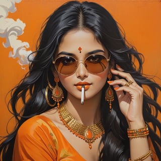 painting of a striking 1girl, solo, long hair, simple background, black hair, jewelry, smoking, upper body, earrings, necklace, bracelet, sunglasses, kurta, ring, orange background , soulful eyes, 