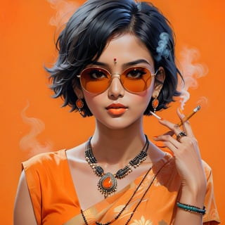 painting of a striking 1girl, solo, short hair, simple background, black hair, jewelry, girl smoking, upper body, earrings, necklace, bracelet, sunglasses, kurta, orange background , soulful eyes, 