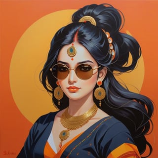 painting of a striking 1girl, solo, long hair, simple background, black hair, jewelry, smoking, upper body, earrings, necklace, bracelet, sunglasses, kurta, ring, orange background , soulful eyes, 