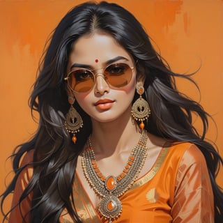 painting of a striking 1girl, solo, long hair, simple background, black hair, jewelry, smoking, upper body, earrings, necklace, bracelet, sunglasses, kurta, ring, orange background , soulful eyes, 