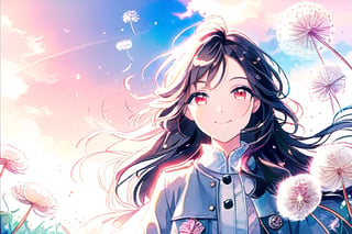 solo, looking at viewer, smile, long hair, dark hair, purple hair, hair: 1.2, 1girl, pink eyes, closed mouth, jacket, pink eyes, femenine focus, , sky, day, cloud, pink eyes, blue sky, dandelion in the air, pink flowers in background,