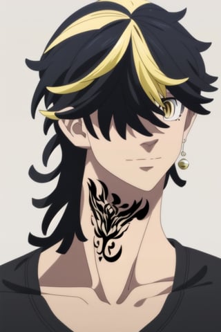 (best quality:1.1), (masterpiece:1.4), , looking at viewer,  realistic, 1boy, solo, male focus, , kazutora_hanemiya, blonde hair, yellow eyes, , black hair, two-tone hair, neck  tiger tattoo, , hair over one eye, , black tank 