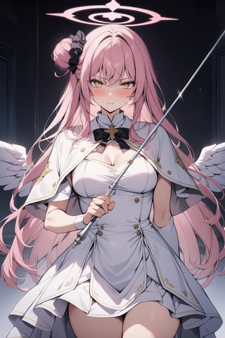 (8K, masterpiece,best quality, good anatomy:1.25), mika misono, yellow eyes, pink hair, hair bun, halo, single side bun,angel wings, black scrunchi, capelet, dress, halo, low wings, pink halo, scrunchie, white capelet, white dress, white wings ,(holding sword rapier),while sword, serious,cowboy_shot,sword up,holding sword rapier