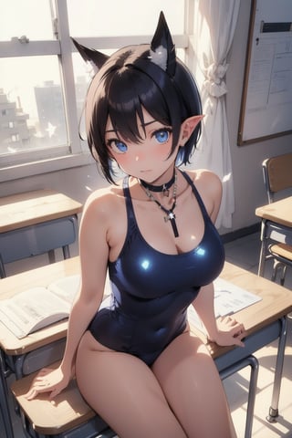 (old school swimsuit),(logo on swimsuit, white product tag on school swimsuit), big-breasted beautiful girl in school swimsuit sitting at desk in classroom,(large breasts),exposed shoulders,sitting,collarbone,swimsuit,thighs,indoors,(school swimsuit,school-designated swimsuit,blue one-piece swimsuit),exposed arms,covered navel,chair,classroom desk,inside classroom,

Blake,lustrous black hair,blue eyes,
(boyish girl),(very short hair,very short hair),girl who looks like a boy,girl dressed like a boy,active girl,

Blake,
cross lace choker,cross necklace,cross earrings,((short pointed ears,succubus demon ears)),
,vibrant colors,sharp focus,best quality,depth of field,cinema-like lighting,(illustration,8k CG,very detailed),ultra-detailed,high resolution,firefly,perfect light,8k,very clear,best quality,high resolution. Best quality, illustration, sax blue, 1 girl, cute, (dynamic lighting: 1.2), cinematic lighting, delicate facial features, detailed eyes, sharp pupils, realistic eyes, depth of field, bokeh, sharp focus, (ultra detail, bloom, shimmer: 1.4), lots of little gems,((S41 school swimsuit))