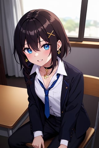 Masterpiece, highest quality, illustration, succubus princess, cute, cute, (portrait: 1), (close-up:1), 1 girl, solo, looking at viewer, blushing, smiling,


Her blue jewel-like eyes are so beautiful that you can almost be sucked into them.
Short hair, small braids (bangs are black and brown), hair between black and brown, holy cross hair ornament, shining blue cross hair ornament, blue cross clip, shiny inner hair (brown and blue) two-tone hair)

Accessories include gold and silver jewelry, x hair ornaments, and cross hair clips.
Butterfly earrings, butterfly & jewel choker (earrings & choker), (silk jet black lace choker), feminine black lace choker

Butterfly earrings, butterfly and jewel choker,
(Earrings and Chokers), A choker is a jet black lace choker accessory that resembles silk women's underwear or gold or silver jewelry.

short hair, bangs, blue eyes, brown hair, shirt, hair ornament, long sleeves, hair between the eyes, sitting, school uniform, jacket, white shirt, parted lips, tie, hair clip, collared shirt, pants, indoors, , medium hair, black jacket, plaid, window,
Plaid slacks, chair, black pants, blazer, hair ornament, blue tie, desk, school desk