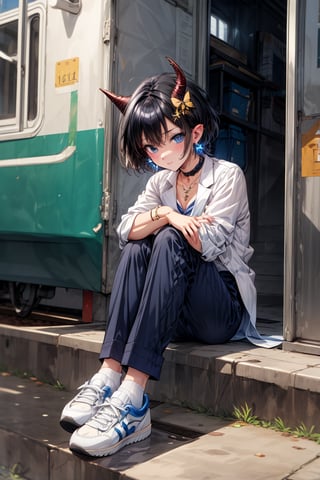 (masterpiece, best quality), high resolution, artistic composition, cute, pretty, ((solo, one girl), (boyish girl), (very short hair, very short hair), girl who looks like a boy, girl dressed as a boy, active girl,
Blake, (full body), (sitting),
score 9, score 8 above, score 7 above, source anime, high resolution image,
)topless, arms crossed, androgynous, hiding breasts, reverse trap, hugging herself),
masterpiece, best quality, girl, cute face, clear skin, shiny hair, super detailed eyes, simple background, pubic hair tattoo, tattoo, heart, underwear, black shorts,

((wearing sneakers)), socks, (beautiful blue eyes), jewel-like blue eyes, ((shiny black hair)), black hair, (hair with color inside), blue back hair, two-tone hair, Blake, (school bag), carry bag, cross lace choker, cross necklace, cross earrings, (short pointy ears, succubus demon ears: 0.5), Blake, blue butterfly hair accessory, (cross hairpin), (small pink hair accessory near ears: 0.4), Blake, (dark blue blazer uniform), navy blue high school uniform, Blake, (checked slacks: 1.3), (checked uniform pants), (thick blazer uniform), (blue tie), white dress shirt, no military uniform, (no formal wear, no black uniform: 0.5), collarbone, chest, uniform, (succubus, voluptuous feminine beauty: 0.4), Blake, (train shoes), boyish sneakers, high school boy's shoes, no black shoes, white socks