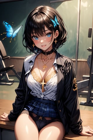 Masterpiece, highest quality, illustration, succubus princess, cute, cute, (portrait:0.7), (close-up:0.7), (1 girl,:1.3) ,(solo), blushing, succubus smiling,


Her blue jewel-like eyes are so beautiful that you can almost be sucked into them.
Short hair, small braids (bangs are black and brown), hair between black and brown, holy cross hair ornament, shining blue cross hair ornament, blue cross clip, shiny inner hair (brown and blue) two-tone hair)

Accessories include gold and silver jewelry, x hair ornaments, and cross hair clips.
Butterfly earrings, butterfly & jewel choker (earrings & choker), (silk jet black lace choker), feminine black lace choker

Butterfly earrings, butterfly and jewel choker,
(Earrings and Chokers), A choker is a jet black lace choker accessory that resembles silk women's underwear or gold or silver jewelry.

short hair, bangs, blue eyes, brown hair, shirt, hair ornament, long sleeves, hair between the eyes, sitting, school uniform, jacket, white shirt, parted lips, tie, hair clip, collared shirt, pants, indoors, , medium hair, black jacket, plaid, Changing clothes, changing clothes, gym class, taking off, taking off clothes, (sensual pose)