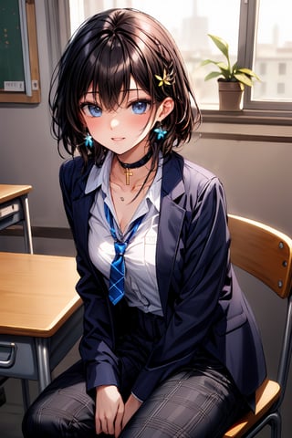 Masterpiece, highest quality, illustration, succubus princess, cute, cute, (portrait: 1), (close-up:1), 1 girl, solo, looking at viewer, blushing, smiling,


Her blue jewel-like eyes are so beautiful that you can almost be sucked into them.
Short hair, small braids (bangs are black and brown), hair between black and brown, holy cross hair ornament, shining blue cross hair ornament, blue cross clip, shiny inner hair (brown and blue) two-tone hair)

Accessories include gold and silver jewelry, x hair ornaments, and cross hair clips.
Butterfly earrings, butterfly & jewel choker (earrings & choker), (silk jet black lace choker), feminine black lace choker

Butterfly earrings, butterfly and jewel choker,
(Earrings and Chokers), A choker is a jet black lace choker accessory that resembles silk women's underwear or gold or silver jewelry.

short hair, bangs, blue eyes, brown hair, shirt, hair ornament, long sleeves, hair between the eyes, sitting, school uniform, jacket, white shirt, parted lips, tie, hair clip, collared shirt, pants, indoors, , medium hair, black jacket, plaid, window,
Plaid slacks, chair, black pants, blazer, hair ornament, blue tie, desk, school desk