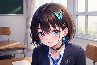 Masterpiece, highest quality, illustration, succubus princess, cute, cute, (portrait: 1), (close-up:1), 1 girl, solo, looking at viewer, blushing, smiling,


Her blue jewel-like eyes are so beautiful that you can almost be sucked into them.
Short hair, small braids (bangs are black and brown), hair between black and brown, holy cross hair ornament, shining blue cross hair ornament, blue cross clip, shiny inner hair (brown and blue) two-tone hair)

Accessories include gold and silver jewelry, x hair ornaments, and cross hair clips.
Butterfly earrings, butterfly & jewel choker (earrings & choker), (silk jet black lace choker), feminine black lace choker

Butterfly earrings, butterfly and jewel choker,
(Earrings and Chokers), A choker is a jet black lace choker accessory that resembles silk women's underwear or gold or silver jewelry.

short hair, bangs, blue eyes, brown hair, shirt, hair ornament, long sleeves, hair between the eyes, sitting, school uniform, jacket, white shirt, parted lips, tie, hair clip, collared shirt, pants, indoors, , medium hair, black jacket, plaid, window,
Plaid slacks, chair, black pants, blazer, hair ornament, blue tie, desk, school desk