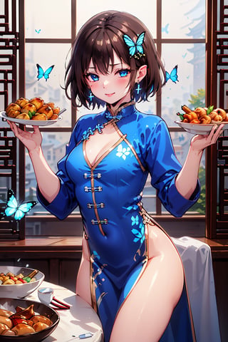 Masterpiece, best quality, anime of 2020, very adorable best succubus queen, beautiful

Break,
(1 female, solo: 1.4),
Break, (((Chinese clothes, luxurious Chinese food)))
(surrounded by flowers), background is breakfast in a person's living room,

, (closed shirt and thin chest), (boyish beauty is boyish),
(beautiful slightly pointed ears: 0.7),
(short hair, beautiful shiny black hair, dark brown hair: 1.3), (two-tone hair with light blue inside: 0.7)

Cross hairpin, (jewelry-like blue eyes), blue butterfly hair ornament, beautiful eyes,
lace choker, wide frills, cross (shiny blue), blue dyed hair, blue butterflies flying around.

Cross hairpin,
((blue eyes)),
Magic eyes like blue jewels, blue butterfly hair ornament, beautiful eyes,
Lace choker, wide frills)
Crosses (shiny blue) shine on the choker, cross earrings shine blue dyed hair, blue butterflies fly around.
break,

(((sensual pose)))
break,
(liar's blush:), (devil's confused face:), (evil smile), (mouth open), (eyes closed),
break,

break,
(vibrant colors), (realistic colors), (transparent colors), (shiny colors),