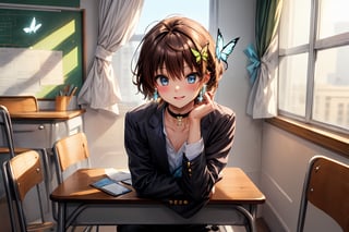 Masterpiece, highest quality, illustration, succubus princess, cute, cute, (portrait: 1), (close-up:1), (((1 girl, solo))), looking at viewer, blushing, smiling,


Her blue jewel-like eyes are so beautiful that you can almost be sucked into them.
Short hair, small braids (bangs are black and brown), hair between black and brown, holy cross hair ornament, shining blue cross hair ornament, blue cross clip, shiny inner hair (brown and blue) two-tone hair)

Accessories include gold and silver jewelry, x hair ornaments, and cross hair clips.
Butterfly earrings, butterfly & jewel choker (earrings & choker), (silk jet black lace choker), feminine black lace choker

Butterfly earrings, butterfly and jewel choker,
(Earrings and Chokers), A choker is a jet black lace choker accessory that resembles silk women's underwear or gold or silver jewelry.

short hair, bangs, blue eyes, brown hair, shirt, hair ornament, long sleeves, hair between the eyes, sitting, school uniform, jacket, white shirt, parted lips, tie, hair clip, collared shirt, pants, indoors, , medium hair, black jacket, plaid, window,
Plaid slacks, chair, black pants, blazer, hair ornament, blue tie, desk, school desk