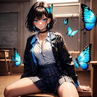 Masterpiece, highest quality, illustration, succubus princess, cute, cute, (portrait:0.7), (close-up:0.7), 1 girl, solo, looking at viewer, blushing, succubus smiling,


Her blue jewel-like eyes are so beautiful that you can almost be sucked into them.
Short hair, small braids (bangs are black and brown), hair between black and brown, holy cross hair ornament, shining blue cross hair ornament, blue cross clip, shiny inner hair (brown and blue) two-tone hair)

Accessories include gold and silver jewelry, x hair ornaments, and cross hair clips.
Butterfly earrings, butterfly & jewel choker (earrings & choker), (silk jet black lace choker), feminine black lace choker

Butterfly earrings, butterfly and jewel choker,
(Earrings and Chokers), A choker is a jet black lace choker accessory that resembles silk women's underwear or gold or silver jewelry.

short hair, bangs, blue eyes, brown hair, shirt, hair ornament, long sleeves, hair between the eyes, sitting, school uniform, jacket, white shirt, parted lips, tie, hair clip, collared shirt, pants, indoors, , medium hair, black jacket, plaid, Changing clothes, changing clothes, gym class, taking off, taking off clothes, (sensual pose)