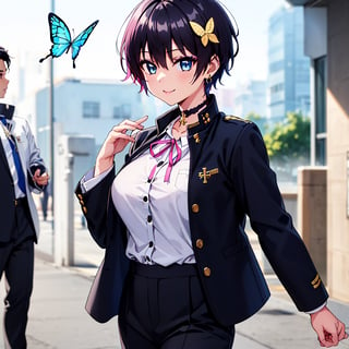 Masterpiece, best quality, super detailed, high resolution,((one girl solo)),
((school gakuran uniform
gakuran neck hook))
girl 1 person, (neck hook of school uniform), (school uniform), big breasts, school uniform, (school uniform, pants), school uniform student, white shirt, Taisho Roman:1.2), pants, slacks, (wearing school uniform, school uniform, gold buttons), open clothes, double jacket, succubus girl, beautiful and detailed, elegant, full body, female, young, beautiful, face, smile, big breasts, very small pink hair ribbon, ribbon under hair, ribbon next to ear, beautiful blue eyes that captivate the viewer, (((boyish beautiful girl))), (((very short hair))), very cute and beautiful like a boy, (((eye shadow))), (big breasts), beautiful breasts, (((beautiful black hair))), (shiny black hair:1.3), ((very short hair, boyish beautiful girl)), blue butterfly hair ornament, lace choker, cross accessory, earrings, blue hair ornament, (small pink ribbon hair ornament:0.6)