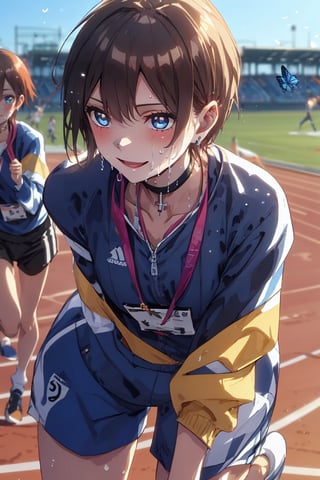 Paris Olympics, (((Athletics))), (Finish line), ((Running)), (Smiling), Mouth open, Anime-style beautiful woman, One girl, (Boyish girl), (Very short hair, Very short hair), Girl looking like a boy, Girl dressed as a boy, Active girl, Wearing blue sportswear and shorts with three color stripes, Dynamic pose, (((Many beautiful girls running in the background))), Athletics, Olympic stadium, ((Outdoor track)), Cross lace choker, Cross necklace, Cross earrings, (Short pointed ears, Succubus demon ears: 0.5), Break, Blue butterfly hair accessory,
Break,
(Wet), Tight clothing, ((Front view, Upper body, Leaning forward, Crouch start))), Olympics, Outdoor track, Vibrant colors, Sharp focus, Best quality, Depth of field, Cinematic lighting, (Illustration, 8k CG,Very detailed),Ultra detailed,High resolution,Fireflies,Perfect light,8k,Very clear,Best quality,High resolution.Best quality,Illustration,Saxe blue,1 girl,Cute,(Dynamic lighting: 1.2),Cinematic lighting,Delicate facial features,Narrow eyes,Sharp pupils,Realistic pupils,Depth of field,Bokeh,Sharp focus,(Ultra detailed,Bloom,Shimmer: 1.4),Lots of little gems,Girl,