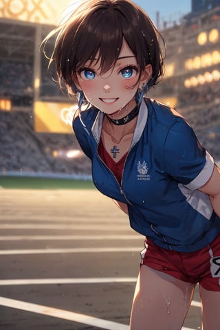 Paris Olympics, (((Athletics))), (Finish line), ((Running)), (Smiling), Mouth open, Anime-style beautiful woman, One girl, (Boyish girl), (Very short hair, Very short hair), Girl looking like a boy, Girl dressed as a boy, Active girl, Wearing blue sportswear and shorts with three color stripes, Dynamic pose, (((Many beautiful girls running in the background))), Athletics, Olympic stadium, ((Outdoor track)), Cross lace choker, Cross necklace, Cross earrings, (Short pointed ears, Succubus demon ears: 0.5), Break, Blue butterfly hair accessory,
Break,
(Wet), Tight clothing, ((Front view, Upper body, Leaning forward, Crouch start))), Olympics, Outdoor track, Vibrant colors, Sharp focus, Best quality, Depth of field, Cinematic lighting, (Illustration, 8k CG,Very detailed),Ultra detailed,High resolution,Fireflies,Perfect light,8k,Very clear,Best quality,High resolution.Best quality,Illustration,Saxe blue,1 girl,Cute,(Dynamic lighting: 1.2),Cinematic lighting,Delicate facial features,Narrow eyes,Sharp pupils,Realistic pupils,Depth of field,Bokeh,Sharp focus,(Ultra detailed,Bloom,Shimmer: 1.4),Lots of little gems,Girl,