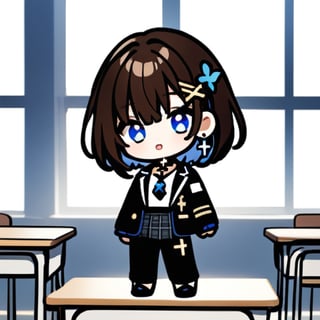 Top quality, (2 heads: 1.2), (White background: 1), (Full body standing: 1), (Animated chibi character: 1.1), (Full body from 2 heads feet: 1)

(1 female, Solo: 1.4),

braids (bangs are black and brown), hair between black and brown, holy cross hair ornament, shining blue cross hair ornament, blue cross clip, shiny inner hair (brown and blue) two-tone hair)

Accessories include gold and silver jewelry, x hair ornaments, and cross hair clips.
Butterfly earrings, butterfly & jewel choker (earrings & choker), (silk jet black lace choker), feminine black lace choker

Butterfly earrings, butterfly and jewel choker,
(Earrings and Chokers), A choker is a jet black lace choker accessory that resembles silk women's underwear or gold or silver jewelry.

short hair, bangs, blue eyes, brown hair, shirt, hair ornament, long sleeves, hair between the eyes, sitting, school uniform, jacket, white shirt, parted lips, tie, hair clip, collared shirt, pants, indoors, , medium hair, black jacket, plaid, window,
Plaid slacks, chair, black pants, blazer, hair ornament, blue tie, desk, school desk