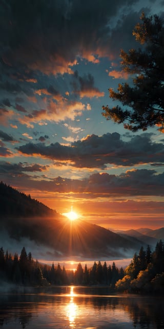 outdoors, sky, cloud, water, tree, no humans, cloudy sky, nature, scenery, reflection, sunset, mountain, motion blur, sun