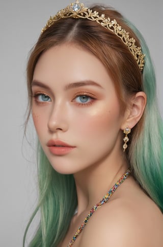 photorealistic,portrait of hubggirl, 
(ultra realistic,best quality),photorealistic,Extremely Realistic, in depth, cinematic light,hubggirl,

(masterpiece, best quality), High detailed, picture perfect face, blush, freckles, beautiful face, supermodel, colorful, (light green hair,multicolored hair), long hair,braids, side bun, golden tiara,perfectly textured skin,blue eyes,iridescent eyes, (perfect female body), (thic lips, broad lips), alluring, charming, beautiful, cute, tomboy, lipgloss, makeup,gold and gem earrings,Black top,thin fabric,