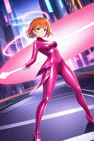 girl short orange hair bangs brown eyes on the road fight with a pink futuristic staff on the road city at night fighting with the staff in her hand different poses transformation clothes change into futuristic pink latex suits