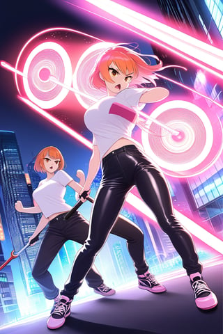 girl short orange hair bangs brown eyes white t-shirt short sleeves big tits and long pants black jeans simple black sneakers on the road fighting poses with an angry face fight with a pink futuristic staff on the road city at night fighting with the staff in her hand different poses transformation clothes change to futuristic pink latex suits