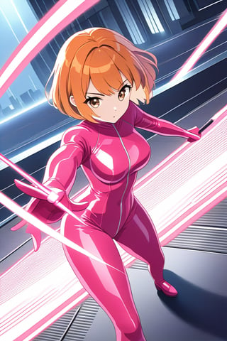 girl with short orange hair hits brown eyes on the road standing in pink latex suit covers the whole futuristic body with the staff in the gray with pink futuristic lines in the hand fighting pose