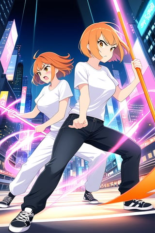 girl short orange hair bangs brown eyes white t-shirt short sleeves big tits and long pants black jeans simple black sneakers on the road fighting poses with an angry face fight with a pink futuristic staff on the road city at night fighting with the staff in her hand different poses