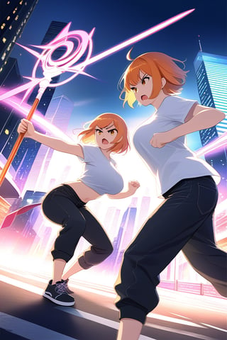 girl short orange hair bangs brown eyes white t-shirt short sleeves big tits and long pants black jeans simple black sneakers on the road fighting poses with an angry face fight with a pink futuristic staff on the road city at night fighting with the staff in her hand different poses