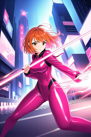 girl short orange hair bangs brown eyes on the road fight with a pink futuristic staff on the road city at night fighting with the staff in her hand different poses transformation clothes change into futuristic pink latex suits