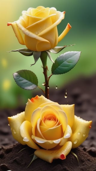 yellow blooming roses grows from the soil,vibrant and dripping with dew like a virgin beauty,(falling petals),(blur background),and the petals formed a lovely heart on the ground,
photorealistic

