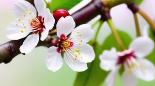 very closeup, a cherry tree branch with flowers, flat white background, sharp focus, colorful, high contrast, detailed flower petals, fresh green leaves, soft natural lighting, delicate and intricate branches, vibrant and saturated colors, high resolution, realistic, fine textures, exquisite details, realistic, bokeh effect, masterfully captured, visually captivating, visually stunning,macro detail beautiful 

realistic,photo_(medium),photorealistic

