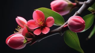 a peach tree branch with red flowers and buds, simple lightblack background, close up,sharp focus, colorful, high contrast, detailed flower petals, fresh green leaves, soft natural lighting, delicate and intricate branches, vibrant and saturated colors, high resolution,realistic,masterfully captured,macro detail beautiful 

