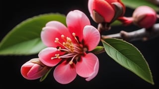 very closeup, a peach tree branch with red flowers and buds, simple lightblack background, sharp focus, colorful, high contrast, detailed flower petals, fresh green leaves, soft natural lighting, delicate and intricate branches, vibrant and saturated colors, high resolution,realistic,masterfully captured,macro detail beautiful 

