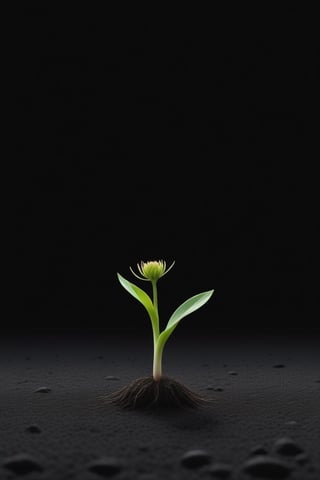 blank pure lightblack backround with one  sprouting seed on the ground at the bottom of the picture, blooming flower，with a thin root system,photorealistic，

minimalist hologram