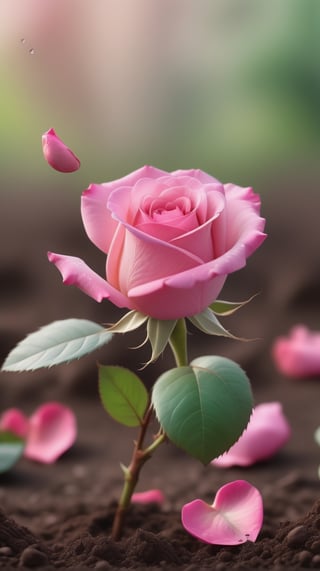  blurred background, a pink rose with 2 leaves sprouting from the soil, vibrant and flawless, (falling petals:1.2),and the petals falling to the ground and formed a heart shape
photorealistic

